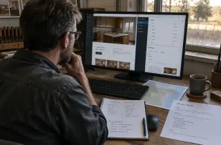 Cabinetmaker comparing two website-building interfaces in the back office of his workshop.